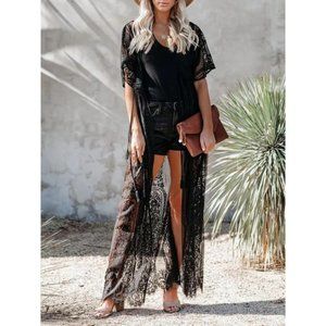 Boho Swim Cover Up Beach Dress Lace Long Goddess Gypsy Duster Black Sheer Tie Up